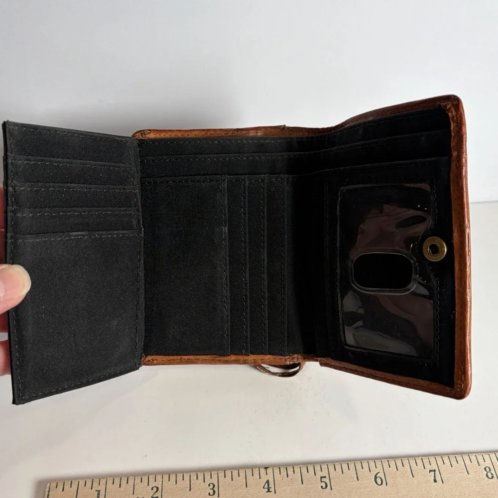 Fossil Women's Wallet Studded Tooled Leather Floral Black Brown